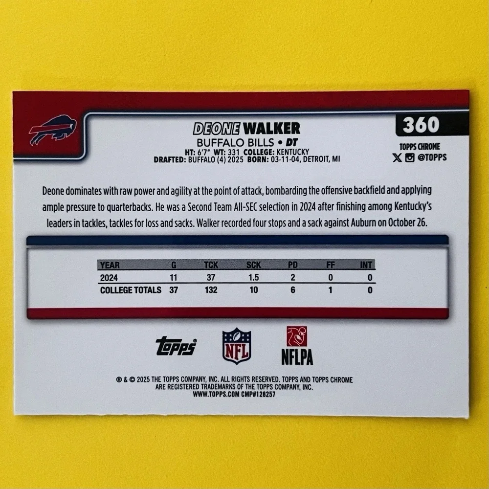 2025 Topps Chrome‎ NFL Football Deone Walker RC #360 Buffalo Bills